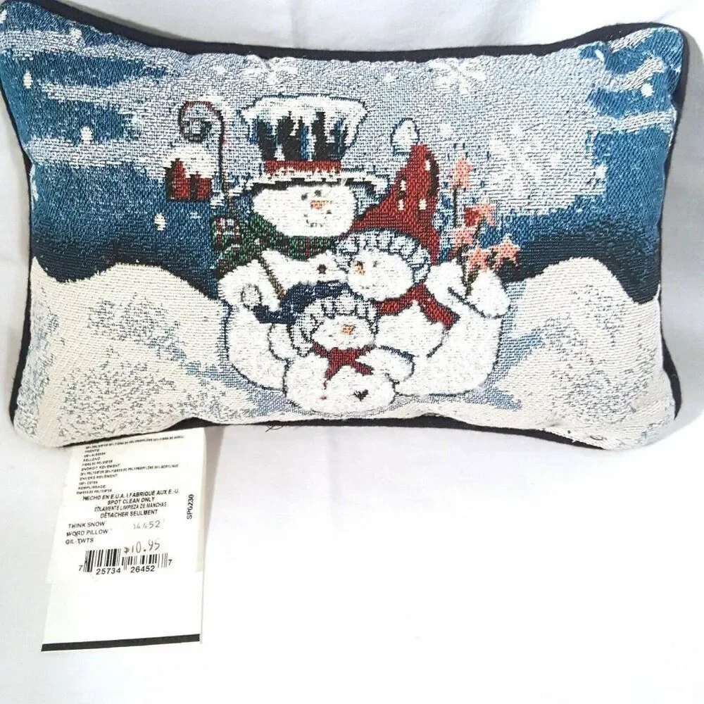 Vintage Goodwin Weavers Snowmen Word Pillow Blue White Tapestry Throw Winter New